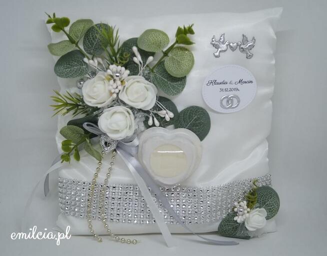 Poduszka Na OBRĄCZKi Biel, Zieleń i Srebro ŚLUB emilcia.pl