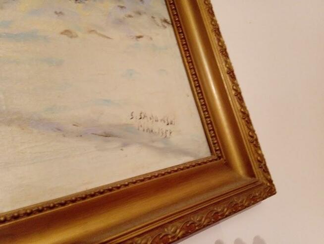 Obraz olejny- płótno 1957 krajobraz zimowy Stefan Sadowski