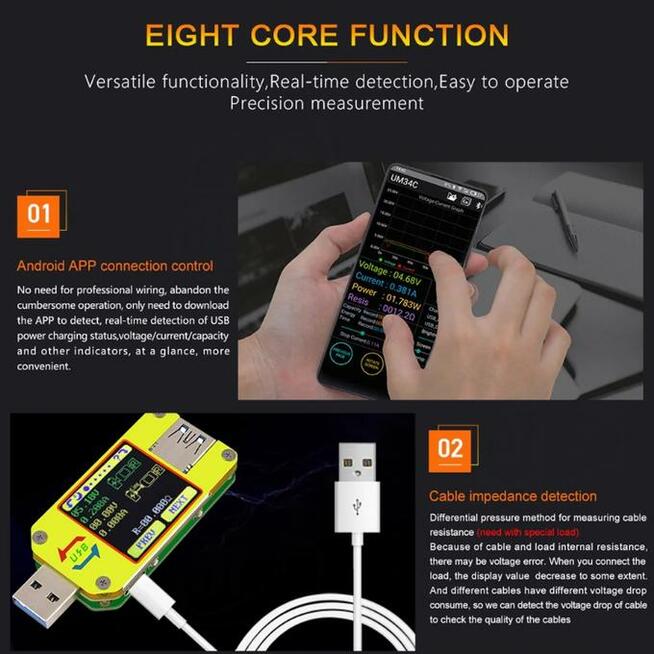 UM34C USB 3.0 wyświetlacz LCD Tester miernik napięcia i prąd