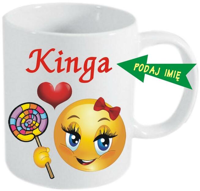 Kubek Emotikon buśka z imieniem dziecka Mikołaj Emotki biały