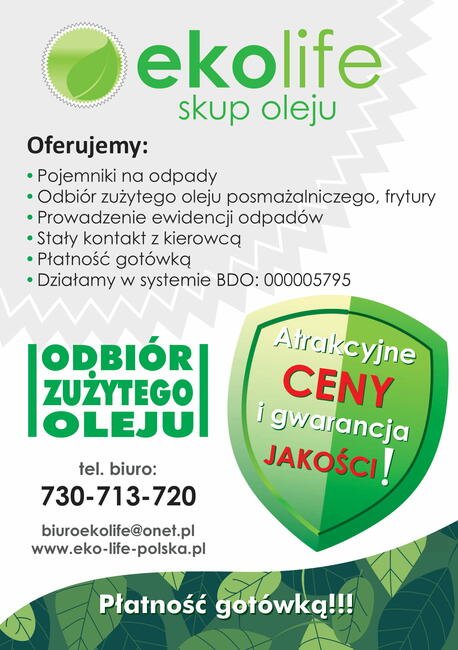 Skup zużytego oleju gastronomicznego Eko-Life Cała Polska