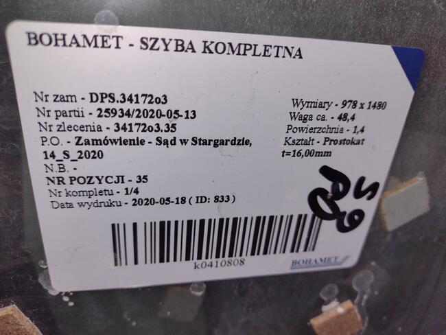 Szyba przeciwpożarowa EI 30 szyba 98 x 148 cm - NOWE!!