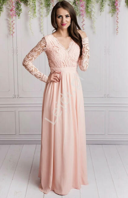 Sukienka długa jasnoróżowa szyfonowa wieczorowa z długim ażu