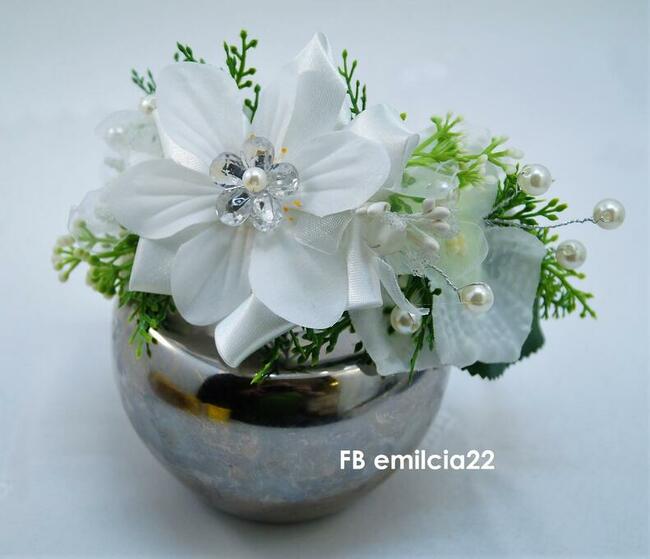 Opaska biel z zielenią i perełkami Ślub, Komunia