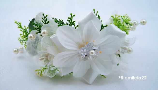 Opaska biel z zielenią i perełkami Ślub, Komunia