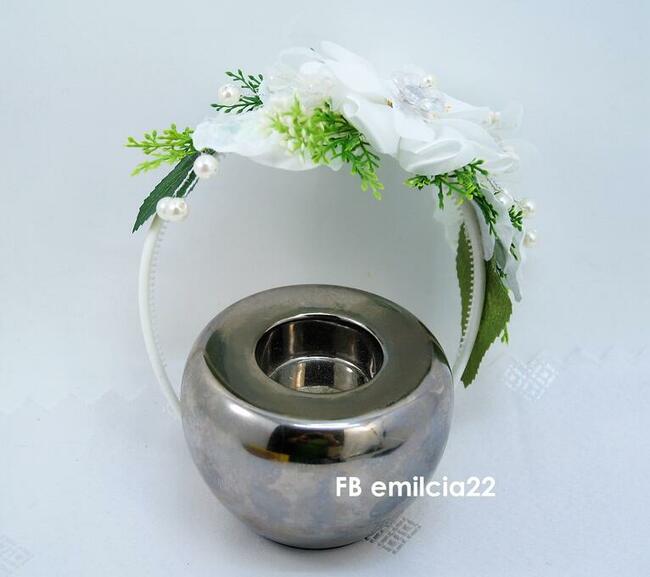 Opaska biel z zielenią i perełkami Ślub, Komunia