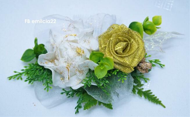 Grzebyk Ozdoba do włosów, złoty i biel w zieleni