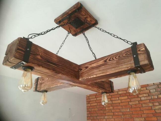 Drewniana lampa wisząca, żyrandol RETRO, postarzana belka, V