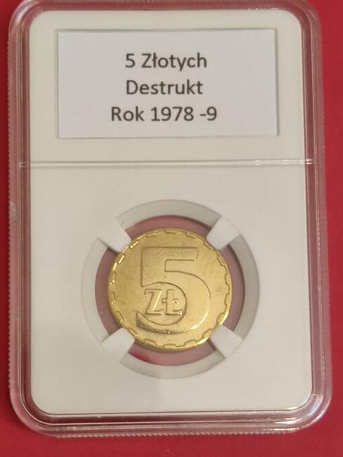 5zł z lat 1975-1979 Destrukt, w slabie śr.24mm 5g mosiądz