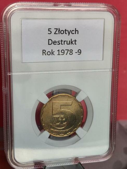 5zł z lat 1975-1979 Destrukt, w slabie śr.24mm 5g mosiądz
