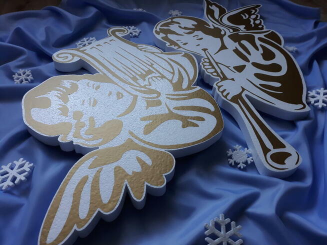 Aniołek z harfa i z trąbką dekoracja Boże Narodzenie