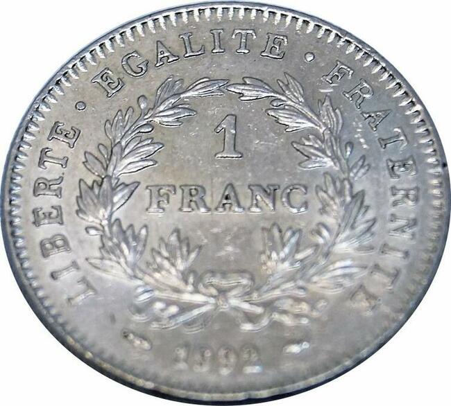 MONETA, FRANCJA, RÉPUBLIQUE, 1 FRANC, 1992, PARIS