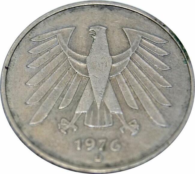 MONETA, NIEMCY - RFN, 5 MARK, 1976, MIEDŹ-NIKIEL