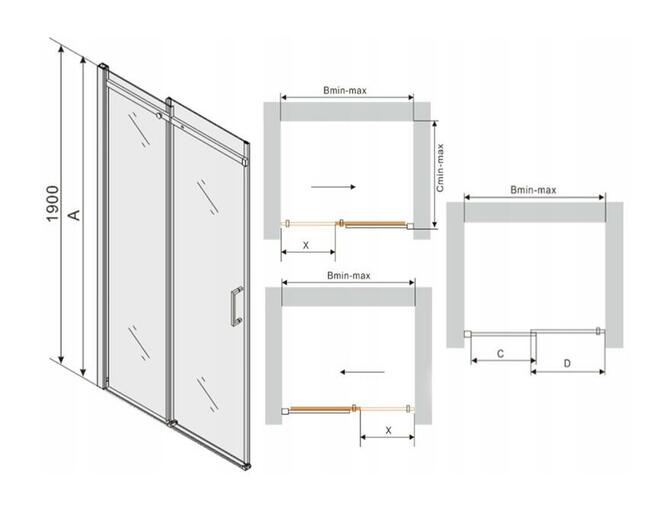 Drzwi prysznicowe przesuwne rozsuwane 8 CZARNE 100 do 160