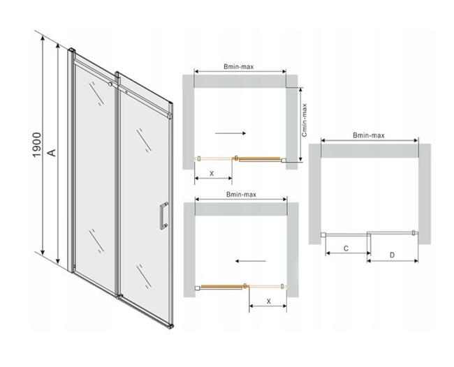 DRZWI PRYSZNICOWE szerokość od 100 cm do 160 cm SZKŁO 8 mm