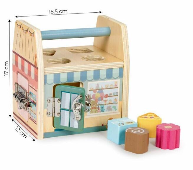 DREWNIANA KOSTKA EDUKACYJNA SORTER Z KLOCKAMI DLA DZIECI