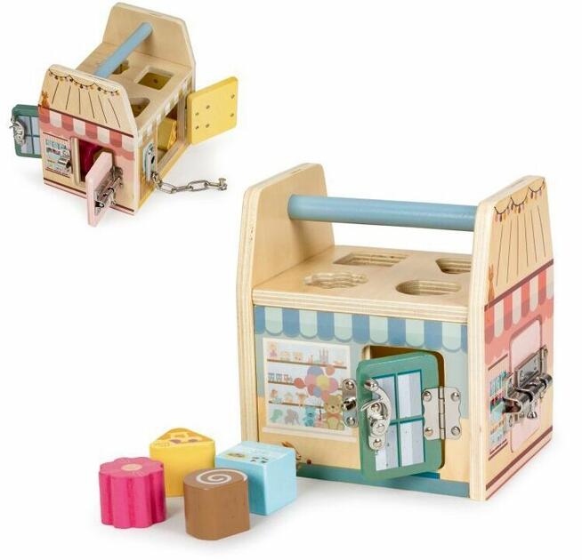 DREWNIANA KOSTKA EDUKACYJNA SORTER Z KLOCKAMI DLA DZIECI