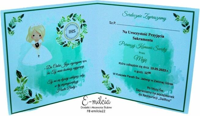 Zaproszenia I Komunia Św. spersonalizowane z kopertą