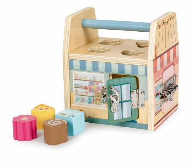 DREWNIANA KOSTKA EDUKACYJNA SORTER Z KLOCKAMI DLA DZIECI