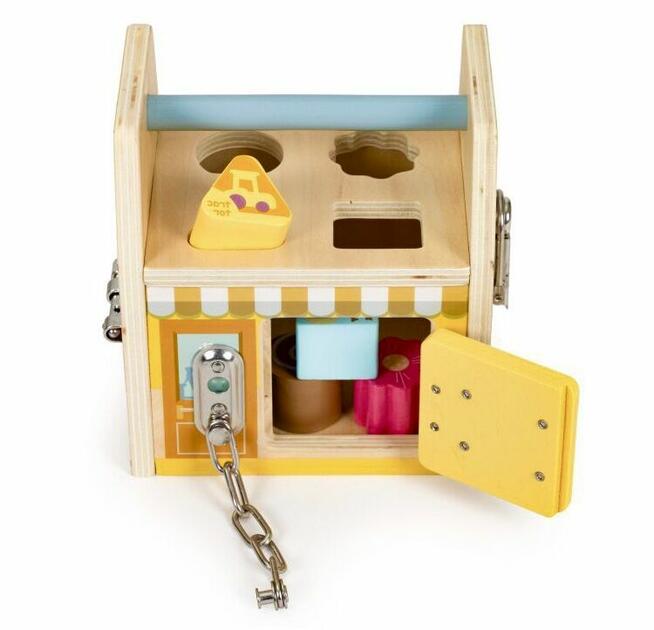 DREWNIANA KOSTKA EDUKACYJNA SORTER Z KLOCKAMI DLA DZIECI