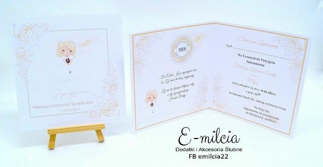 Złote Zaproszenie I Komunia Św. spersonalizowane, koperta