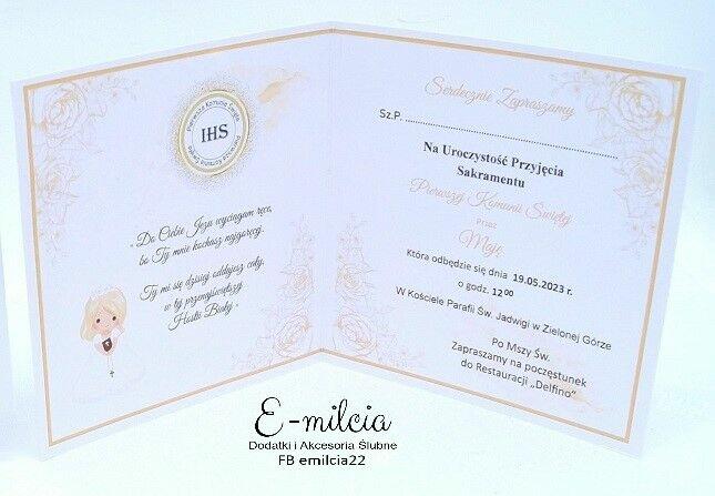 Złote Zaproszenie I Komunia Św. spersonalizowane, koperta