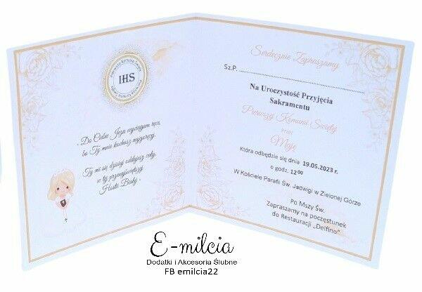 Złote Zaproszenie I Komunia Św. spersonalizowane, koperta