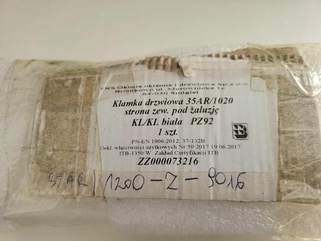 Klamka drzwiowa 35AR/1020 KL/KL biała PZ92 strona zew. pod ż