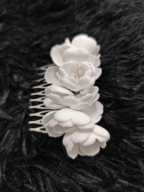 ~ Grzebyk ślubny, srebrny z białymi kwiatami ~