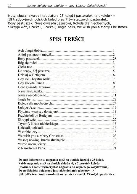Kolędy na ukulele - nuty, tabulatura, akordy, słowa, mp3