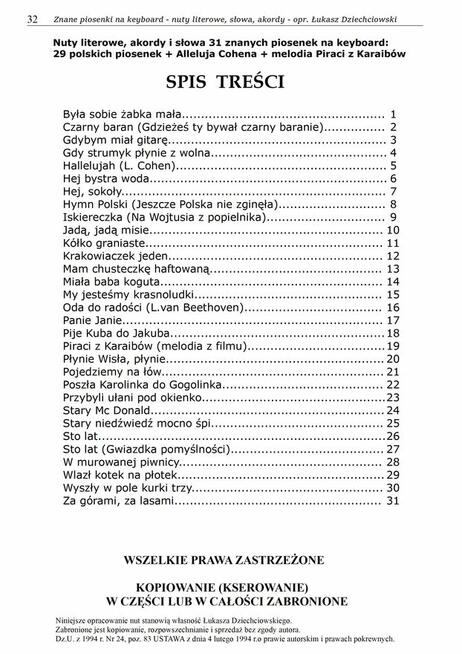 Nuty literowe Znane piosenki - keyboard, pianino, łatwe 31