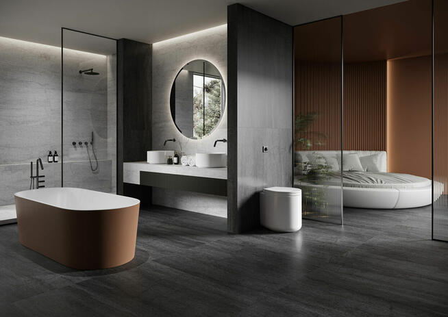 Płytki łazienkowe grafitowe ścienne, podłogowe gres Dignity