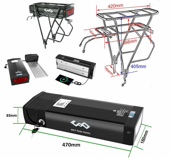 Akumulator rowerowy bateria z bagażnikiem 52v 27Ah USB eBike