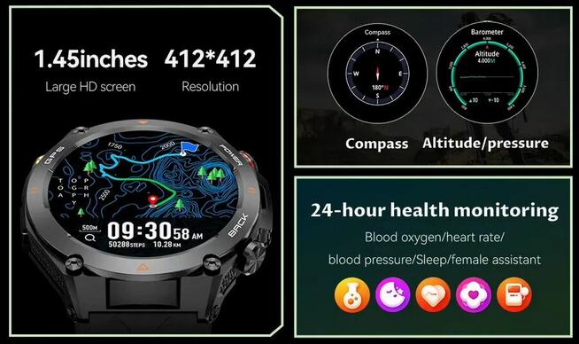 Smartwatch KC82 Inteligentny 1,45 cala z GPS ,650Mah bateria