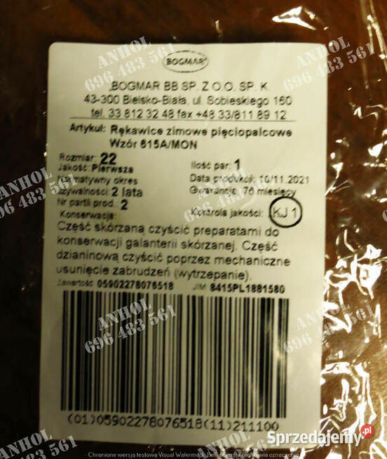 RĘKAWICE POLOWE zimowe pięciopalcowe rozm. 22 - wzór 615A/MON