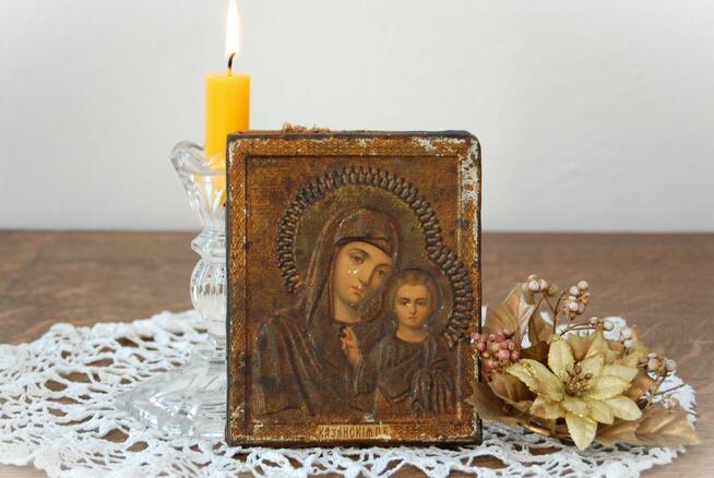 Matka Boża Kazańska stara ikona rosyjska antyk 1800-1900 r.