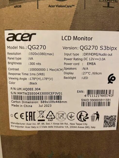 Monitor Acer FHD 180Hz+ głośniki