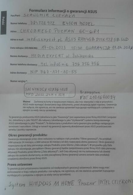 Notebook Asus E410M Win 11 Gwarancja odbiór osobisty
