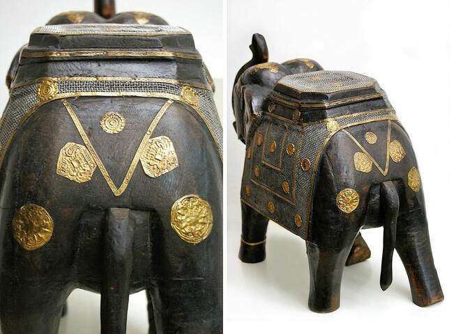 Duży słoń indyjski, rzeźba, drewno mango jak heban, mosiądz