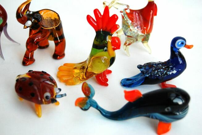 Szklane zwierzątka, figurki ze szkła, PRL, vintage