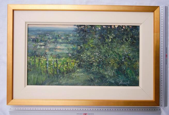 Jacek Kośmiński, sad, pejzaż, obraz olejny na płótnie