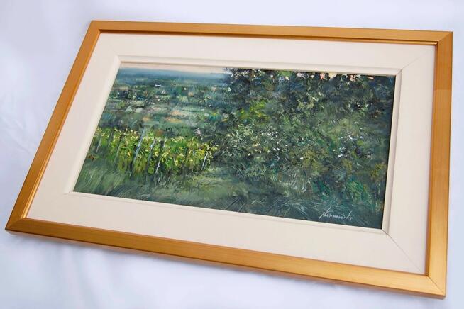 Jacek Kośmiński, sad, pejzaż, obraz olejny na płótnie