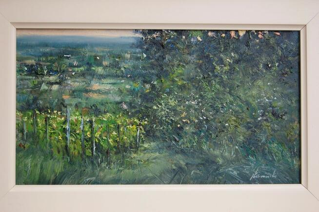 Jacek Kośmiński, sad, pejzaż, obraz olejny na płótnie