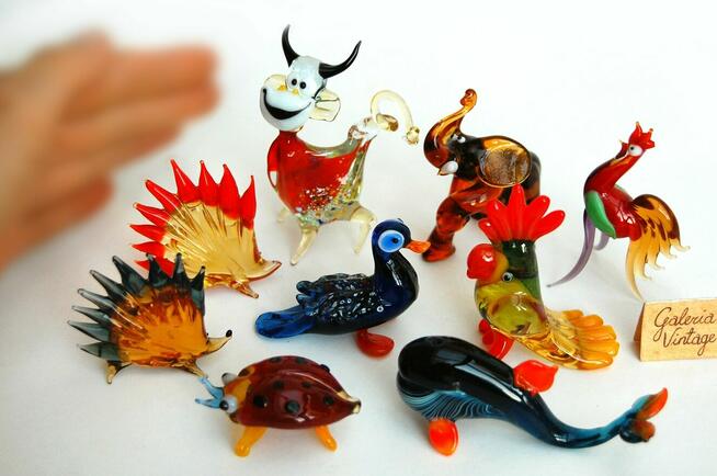 Szklane zwierzątka, figurki ze szkła, PRL, vintage
