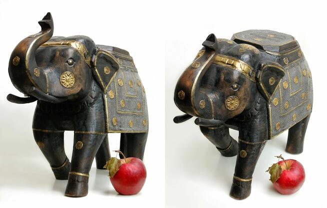 Duży słoń indyjski, rzeźba, drewno mango jak heban, mosiądz