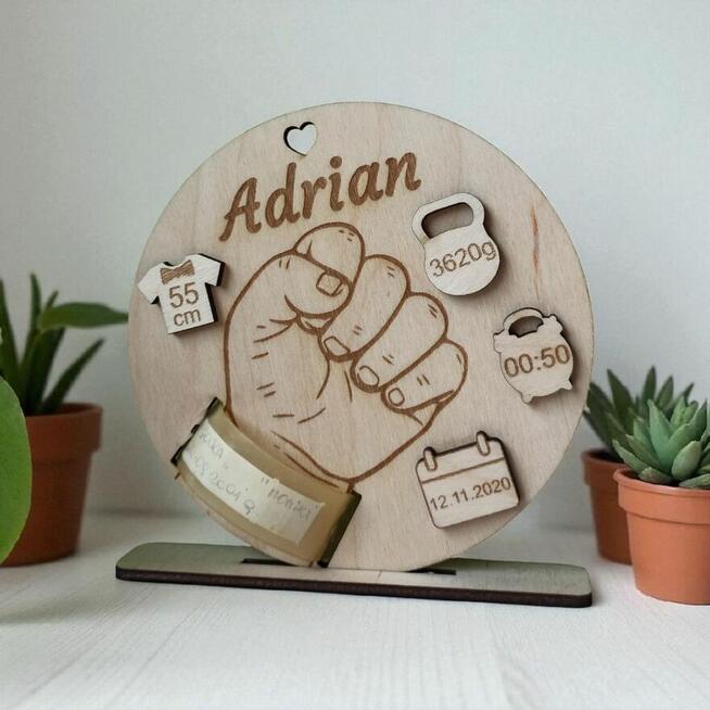 Drewniana Metryczka na Opaskę Szpitalną Dziecka