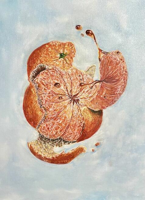 Pomarańcza w ruchu.Nowoczesny obraz olejny, 30x40 cm