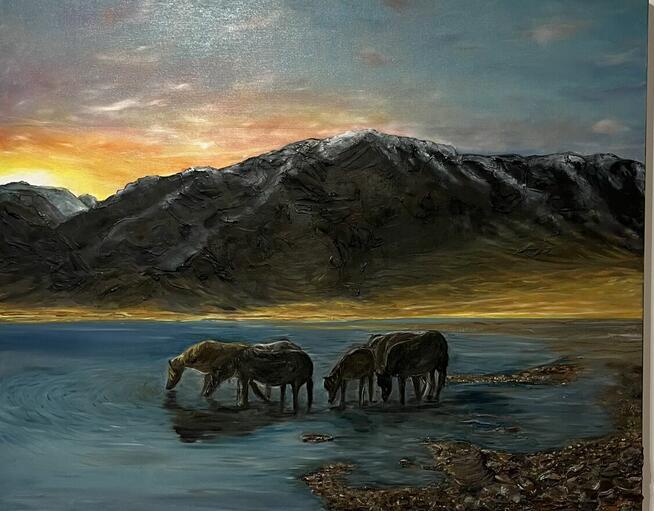 Złota chwila. Obraz duży do salonu. Pejzaż.Konie.Olej 100-80