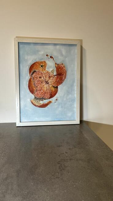 Pomarańcza w ruchu.Nowoczesny obraz olejny, 30x40 cm