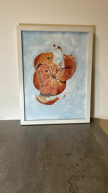Pomarańcza w ruchu.Nowoczesny obraz olejny, 30x40 cm
